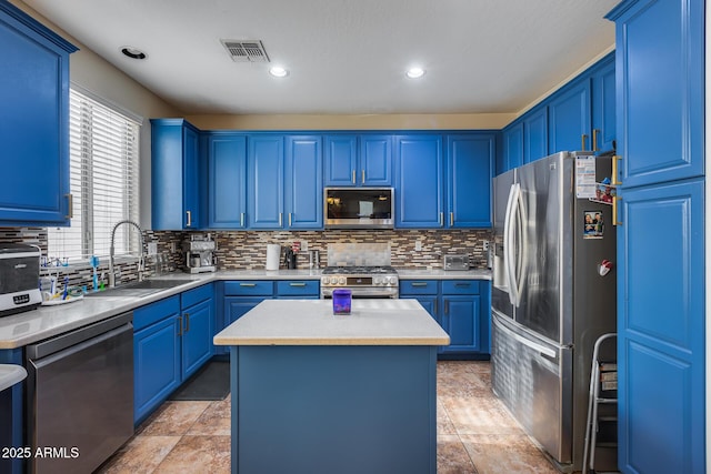 kitchen with sink, a kitchen island, stainless steel appliances, and blue cabinets