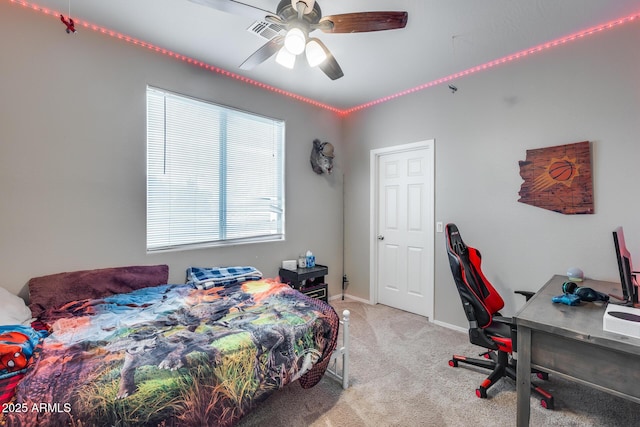 carpeted bedroom featuring ceiling fan