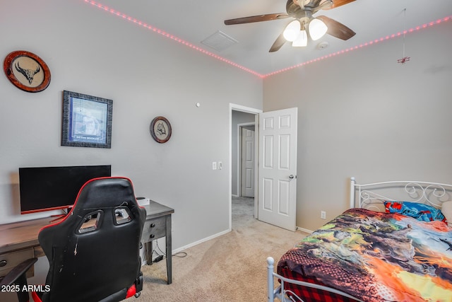 carpeted bedroom with ceiling fan