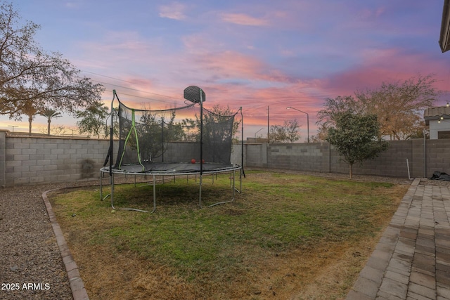 yard at dusk with a trampoline