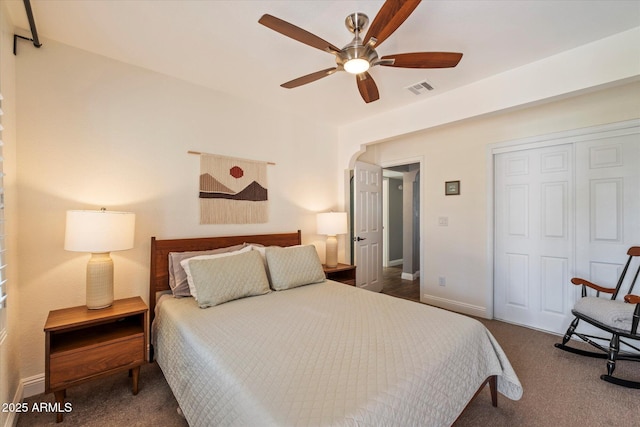 69 W Virginia Ave, Phoenix, AZ 85003 - bedroom featuring a closet, carpet flooring, baseboards, and a ceiling fan