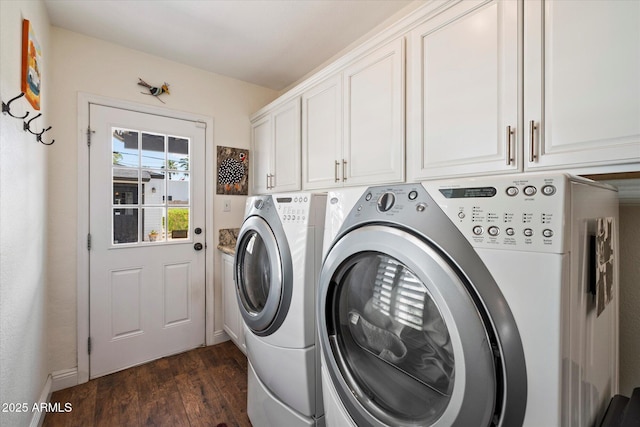 69 W Virginia Ave, Phoenix, AZ 85003 - laundry room with separate washer and dryer, cabinet space, dark wood-style floors, and baseboards
