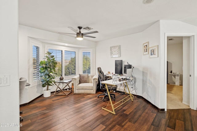 office featuring dark hardwood / wood-style floors and ceiling fan