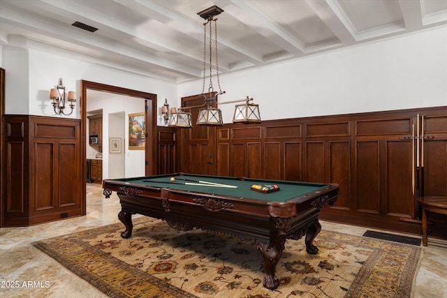 recreation room featuring beam ceiling and pool table