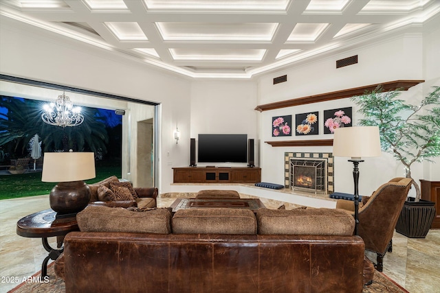 living room with coffered ceiling, crown molding, a fireplace, and beamed ceiling