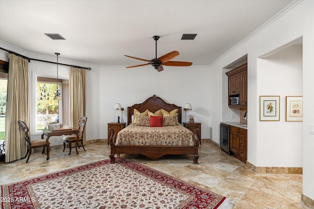 bedroom with crown molding, beverage cooler, and ceiling fan