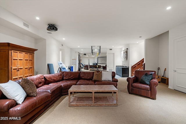 living room with light colored carpet