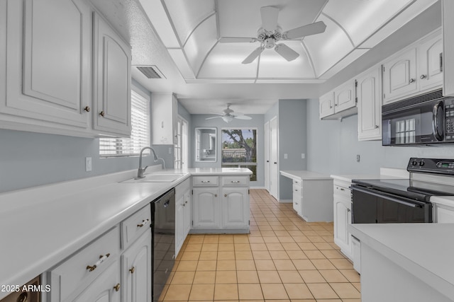 11465 N 56th St, Scottsdale, AZ 85254 - kitchen with black appliances, a sink, ceiling fan, light tile patterned flooring, and white cabinetry
