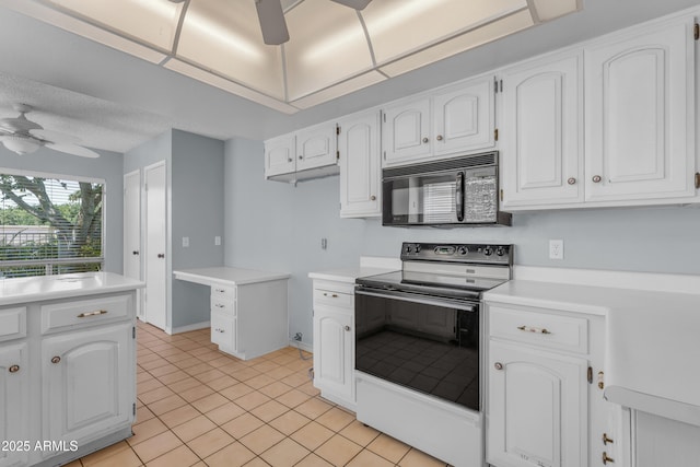 11465 N 56th St, Scottsdale, AZ 85254 - kitchen with black appliances, a ceiling fan, white cabinets, light tile patterned floors, and light countertops
