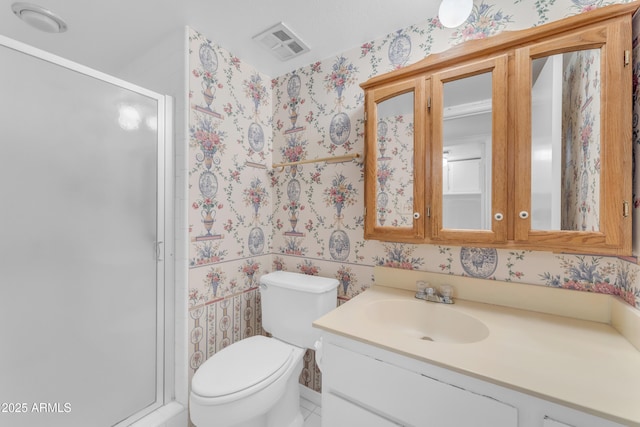 11465 N 56th St, Scottsdale, AZ 85254 - bathroom featuring wallpapered walls, a stall shower, vanity, and toilet