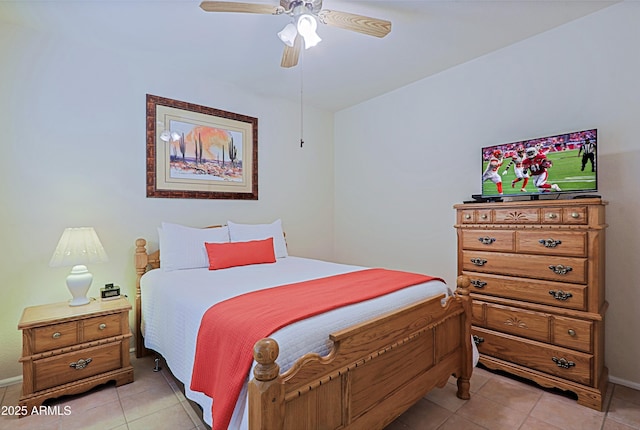 bedroom with light tile patterned flooring and ceiling fan