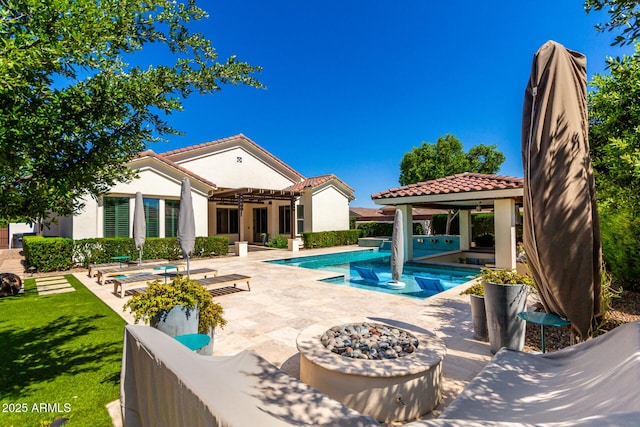4332 S Oregon Ct, Chandler, AZ 85248 - swimming pool with a gazebo, a patio area, an outdoor living space with a fire pit, and a yard