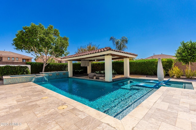 4332 S Oregon Ct, Chandler, AZ 85248 - view of swimming pool featuring a pool with connected hot tub, a gazebo, ceiling fan, and a fenced backyard