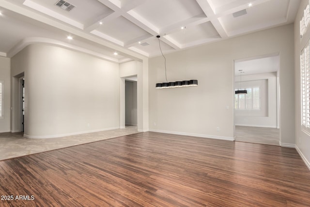4332 S Oregon Ct, Chandler, AZ 85248 - unfurnished living room featuring wood finished floors, coffered ceiling, beamed ceiling, baseboards, and recessed lighting