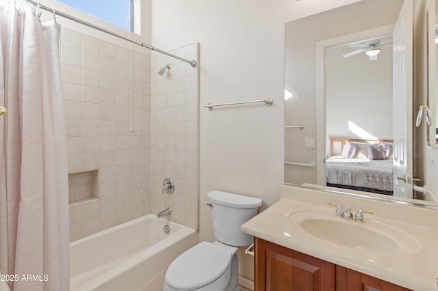 full bathroom featuring vanity, toilet, and shower / bathtub combination with curtain