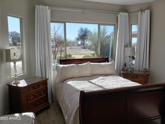 bedroom featuring multiple windows and wood finished floors