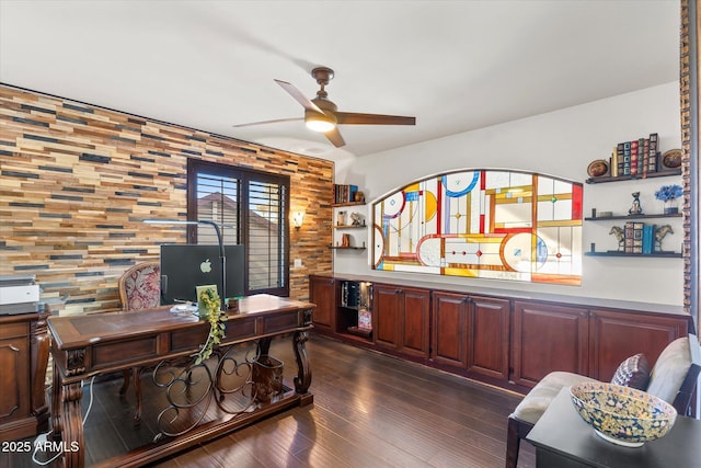 office featuring ceiling fan and dark hardwood / wood-style flooring