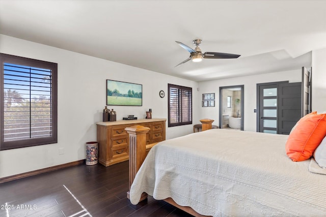 bedroom with dark wood-type flooring and ceiling fan