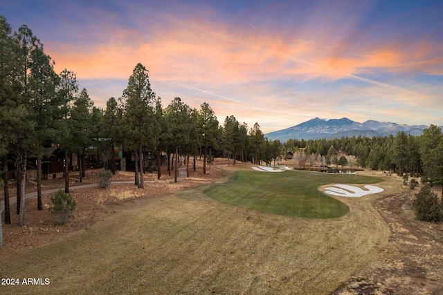 view of home's community featuring a mountain view and a lawn