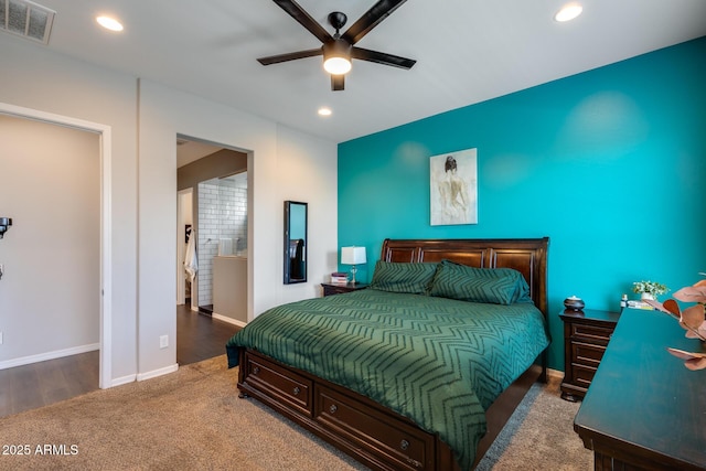 9723 W Patrick Ln, Peoria, AZ 85383 - bedroom featuring carpet, recessed lighting, baseboards, ceiling fan, and ensuite bath