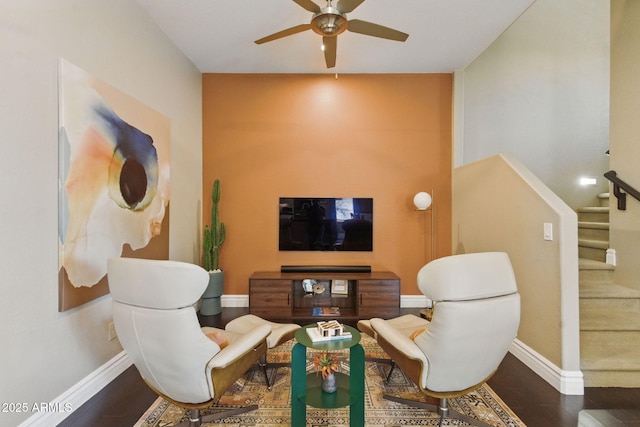 7122 W Ivanhoe St, Chandler, AZ 85226 - living room with ceiling fan, stairway, baseboards, and wood finished floors