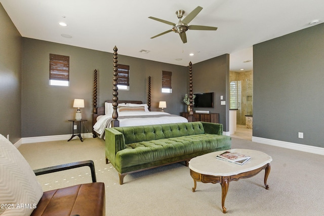 7122 W Ivanhoe St, Chandler, AZ 85226 - bedroom featuring light carpet, baseboards, recessed lighting, and ceiling fan