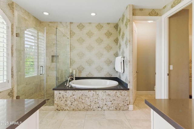 7122 W Ivanhoe St, Chandler, AZ 85226 - bathroom with a shower stall, a bath, tile patterned floors, toilet, and recessed lighting