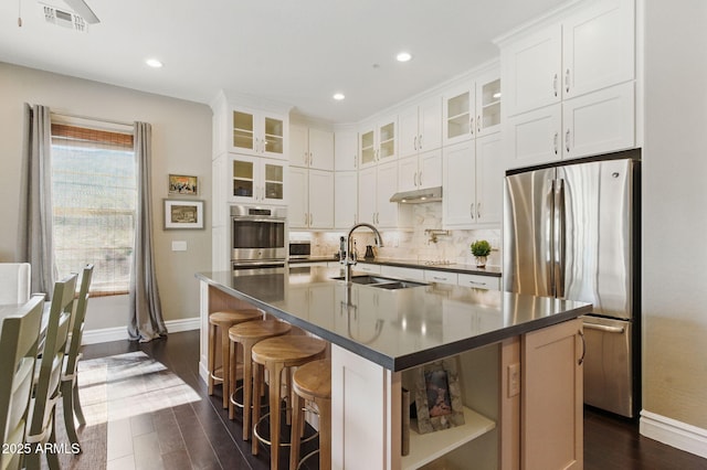 7122 W Ivanhoe St, Chandler, AZ 85226 - kitchen featuring freestanding refrigerator, a sink, baseboards, open shelves, and under cabinet range hood