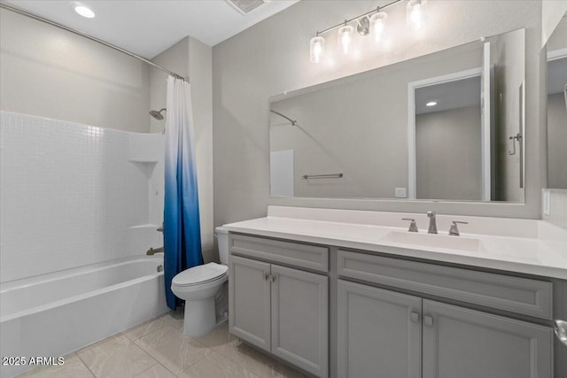 full bath with vanity, visible vents, toilet, and shower / bath combination with curtain