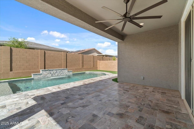 view of pool featuring a patio, a fenced backyard, ceiling fan, and a fenced in pool