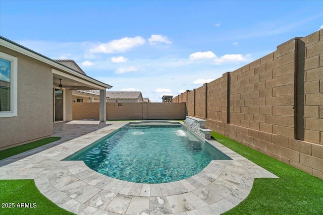 view of swimming pool featuring a fenced backyard, a fenced in pool, a patio, and a ceiling fan