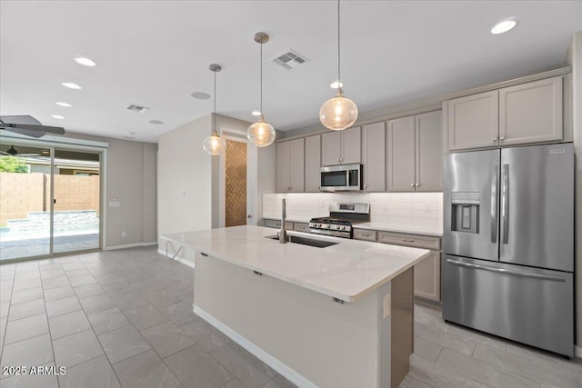 kitchen with backsplash, visible vents, appliances with stainless steel finishes, a sink, and recessed lighting
