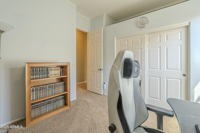 exercise area featuring baseboards and light carpet