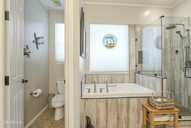 full bathroom with a shower stall, toilet, a bath, and visible vents