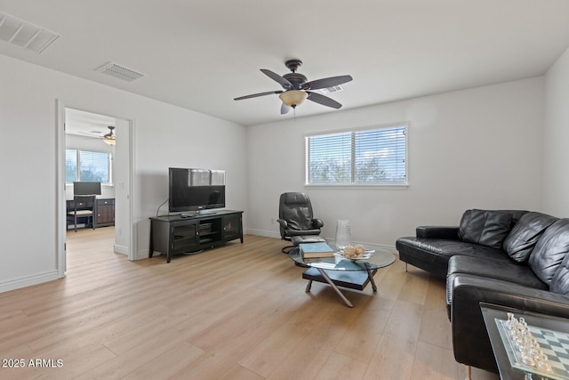 living room with ceiling fan and light wood-type flooring