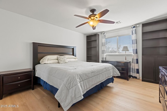 bedroom with ceiling fan and light wood-type flooring