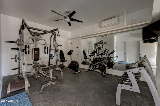 workout area featuring ceiling fan and a wall mounted air conditioner