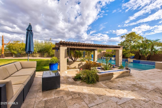 view of patio / terrace with an outdoor living space and a pergola