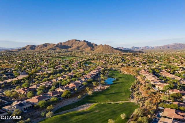 bird's eye view with a residential view, a mountain view, and golf course view
