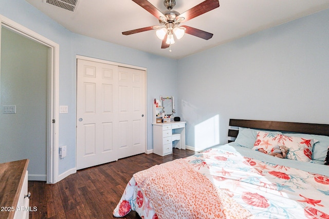 bedroom featuring ceiling fan, a closet, and dark wood-type flooring