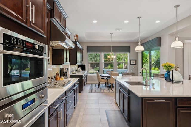 kitchen featuring decorative light fixtures, a raised ceiling, sink, dark brown cabinetry, and stainless steel appliances