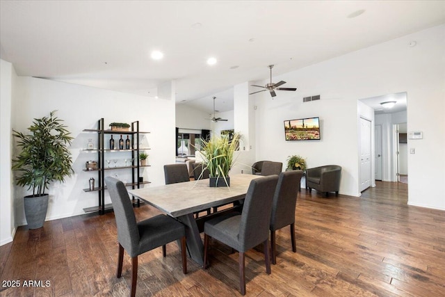 7471 E Desert Vista Rd, Scottsdale, AZ 85255 - dining area featuring high vaulted ceiling, wood finished floors, baseboards, visible vents, and ceiling fan