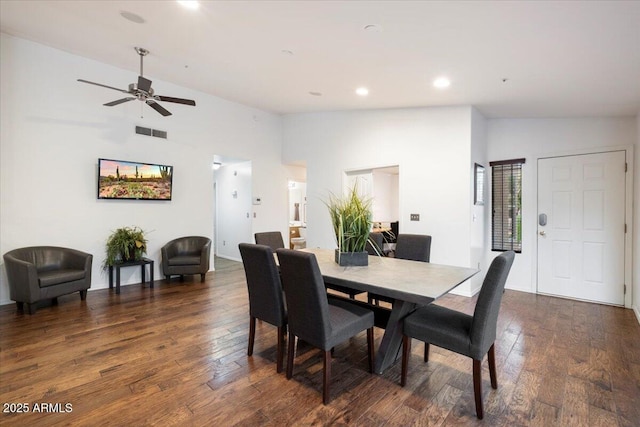 7471 E Desert Vista Rd, Scottsdale, AZ 85255 - dining space with lofted ceiling, dark wood-style floors, visible vents, and ceiling fan