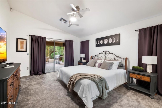 7471 E Desert Vista Rd, Scottsdale, AZ 85255 - bedroom featuring visible vents, a ceiling fan, access to exterior, carpet floors, and vaulted ceiling