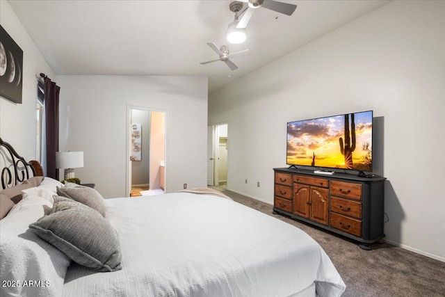 7471 E Desert Vista Rd, Scottsdale, AZ 85255 - carpeted bedroom featuring baseboards, lofted ceiling, ceiling fan, and connected bathroom