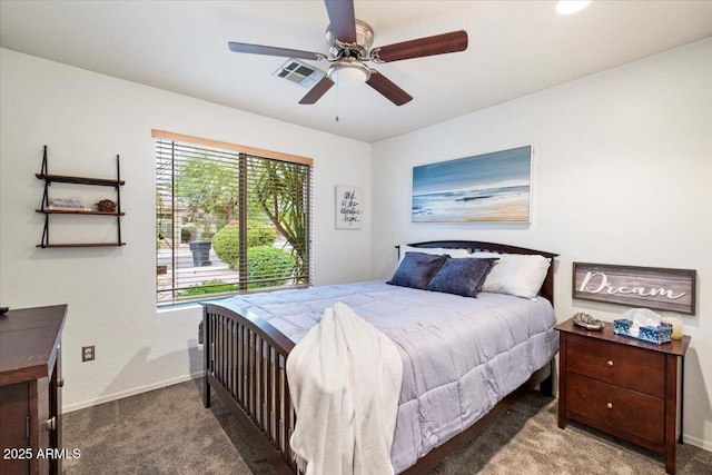 7471 E Desert Vista Rd, Scottsdale, AZ 85255 - bedroom featuring baseboards, visible vents, carpet floors, and a ceiling fan