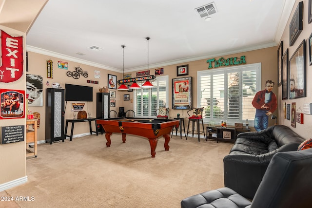 rec room featuring pool table, a wealth of natural light, crown molding, and carpet flooring