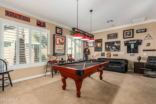 recreation room featuring carpet floors, ornamental molding, and pool table