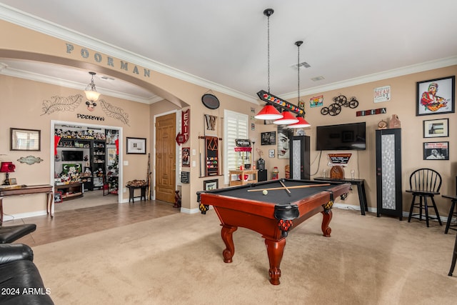 game room featuring bar area, light carpet, billiards, and ornamental molding