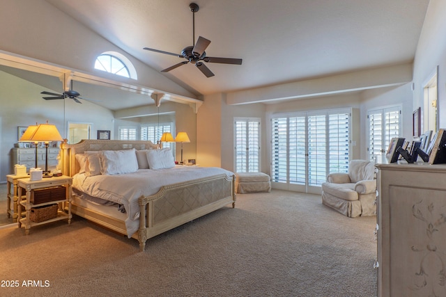 bedroom featuring ceiling fan, lofted ceiling, and carpet floors